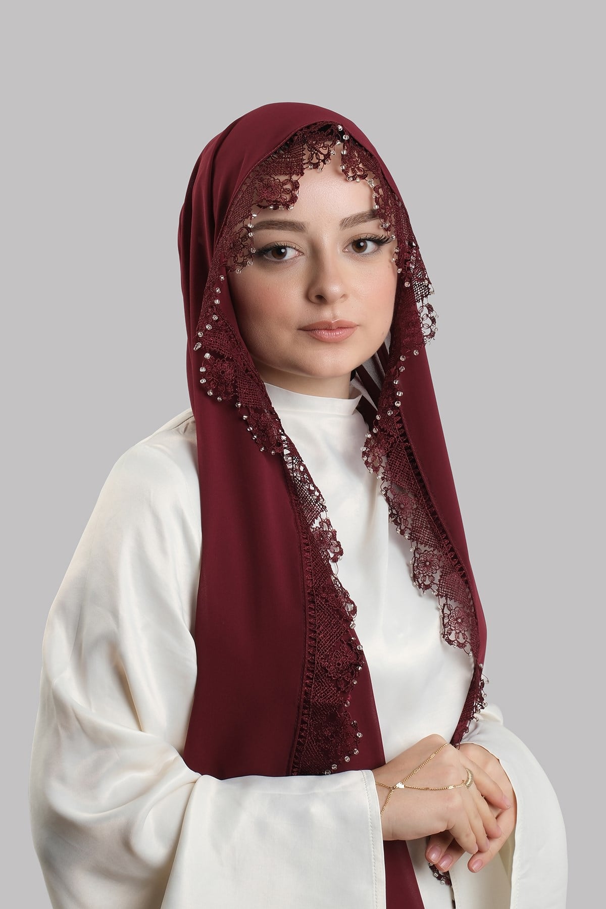 Bordo Nikah Namaz Başörtüsü Şal Şifon Boncuklu Güpürlü 202131_16