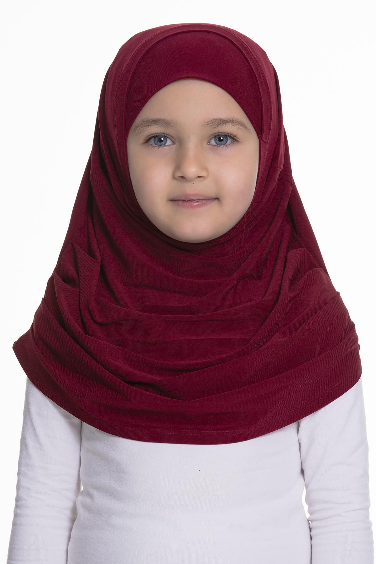 Bordo Pratik Hazır Geçmeli Çocuk Tesettür Bone Sandy Kumaş Kendinden Boneli 78_16