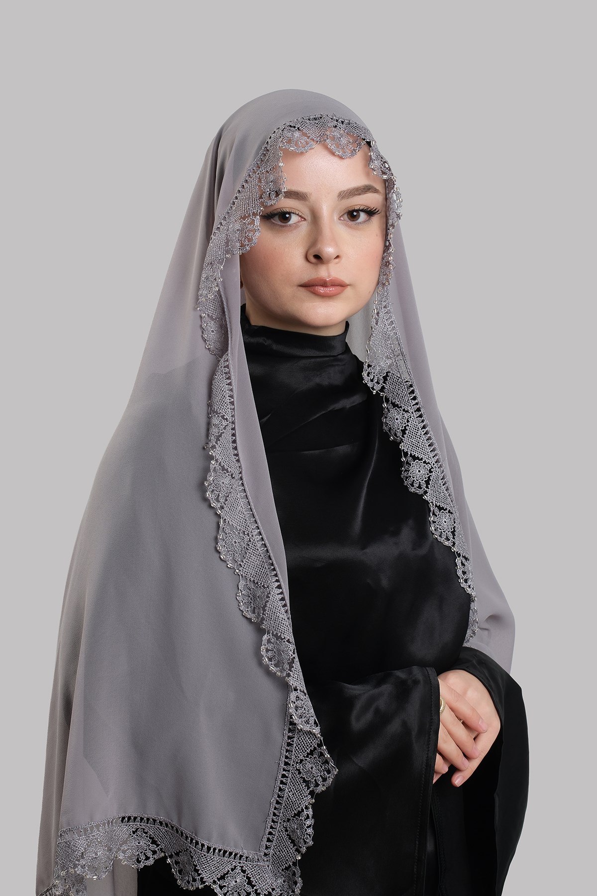 Gri Nikah Namaz Başörtüsü Şal Şifon Boncuklu Güpürlü 202131_15