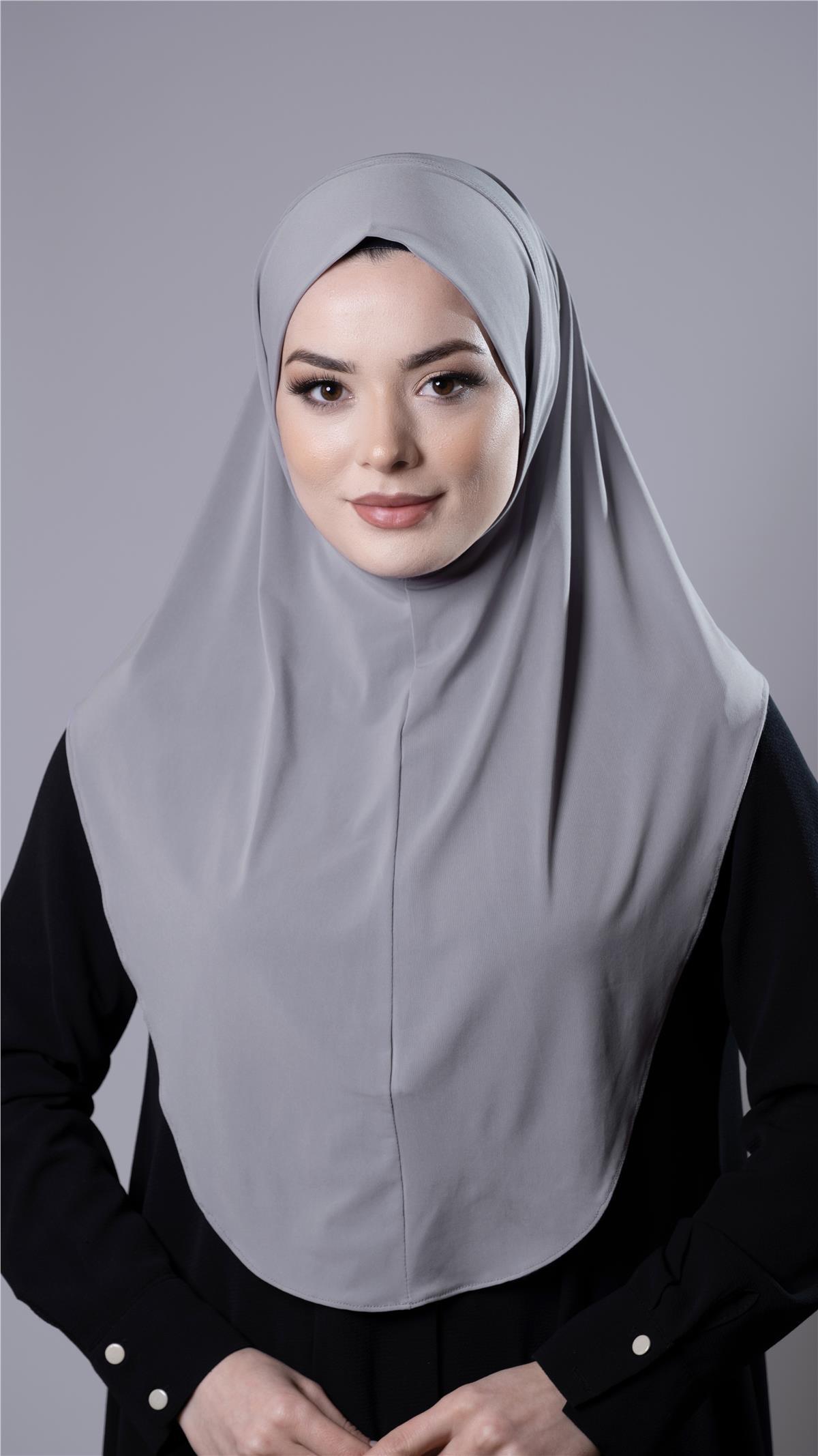 Gri Pratik Hazır Geçmeli Tesettür Eşarp Sandy Kumaş Düz Hijab 2308_15