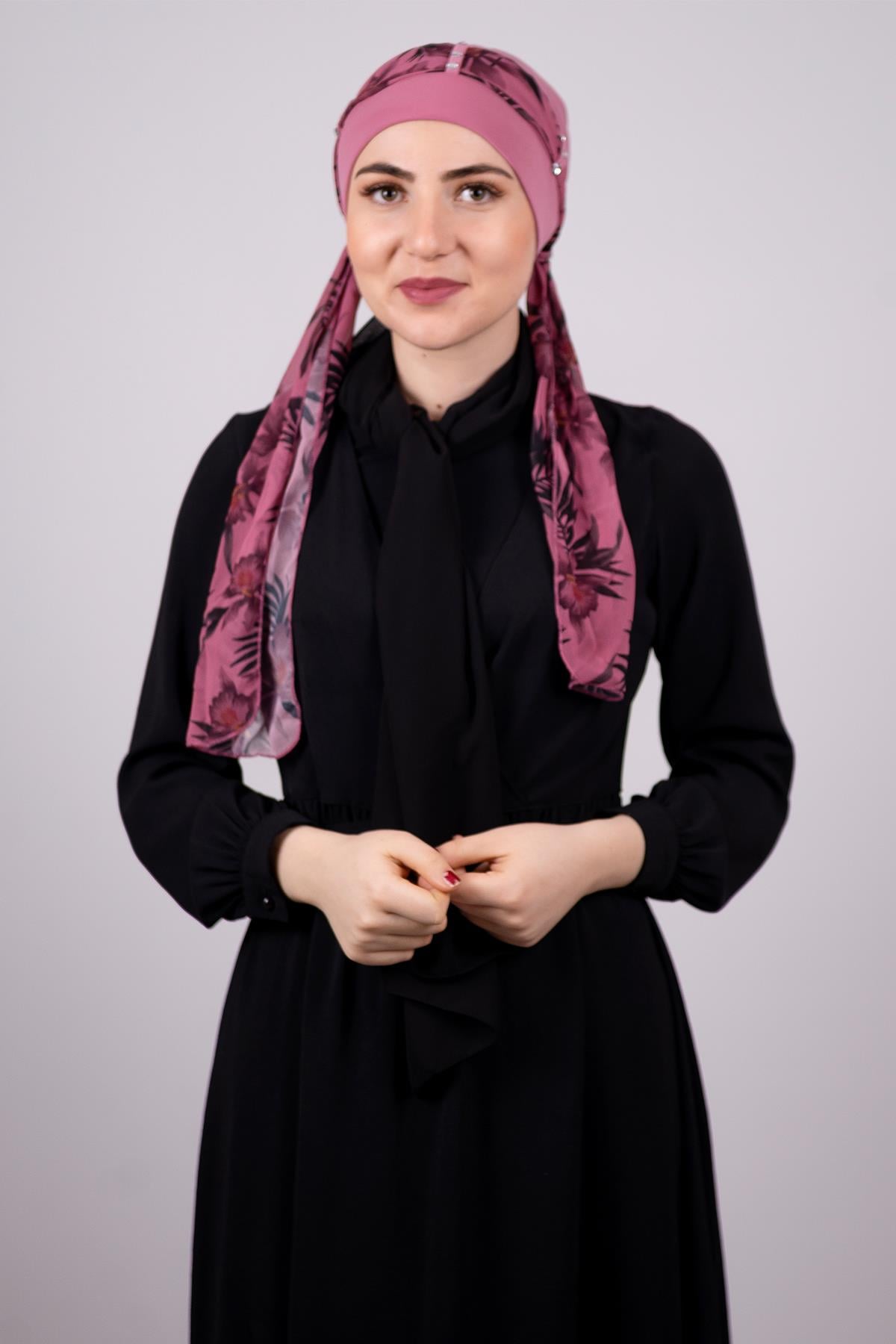 Gül Kurusu Pratik Hazır Geçmeli Tesettür Bone Sandy Kumaş Desenli Şifon Kemerli 1305D_18