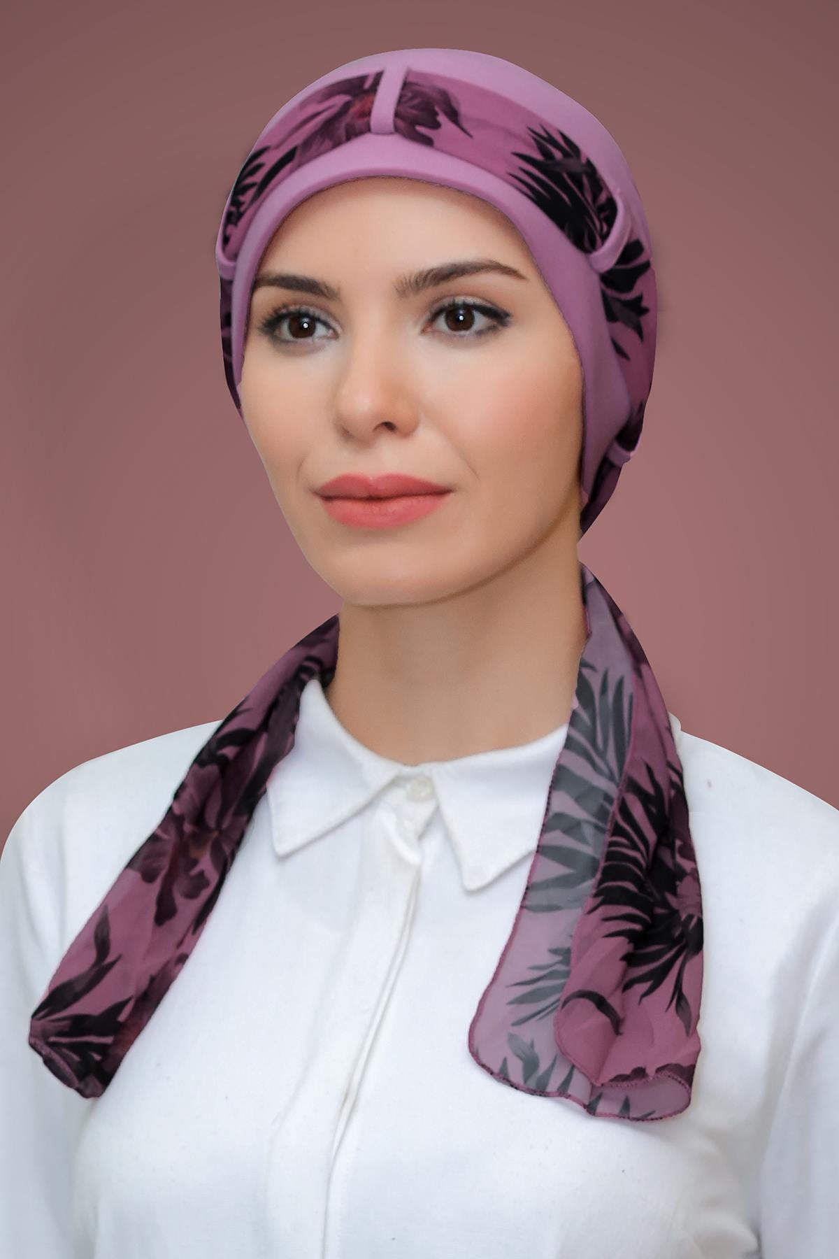 Gül Kurusu Pratik Hazır Geçmeli Tesettür Bone Sandy Kumaş Desenli Şifon Kemerli 1205D_18
