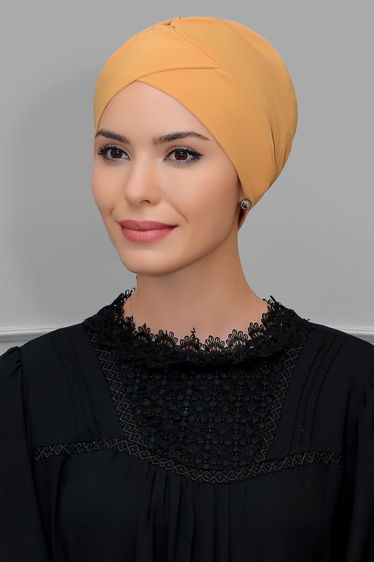 Hardal Pratik Hazır Geçmeli Tesettür Bone Sandy Kumaş Çapraz Büzgülü 1801_43