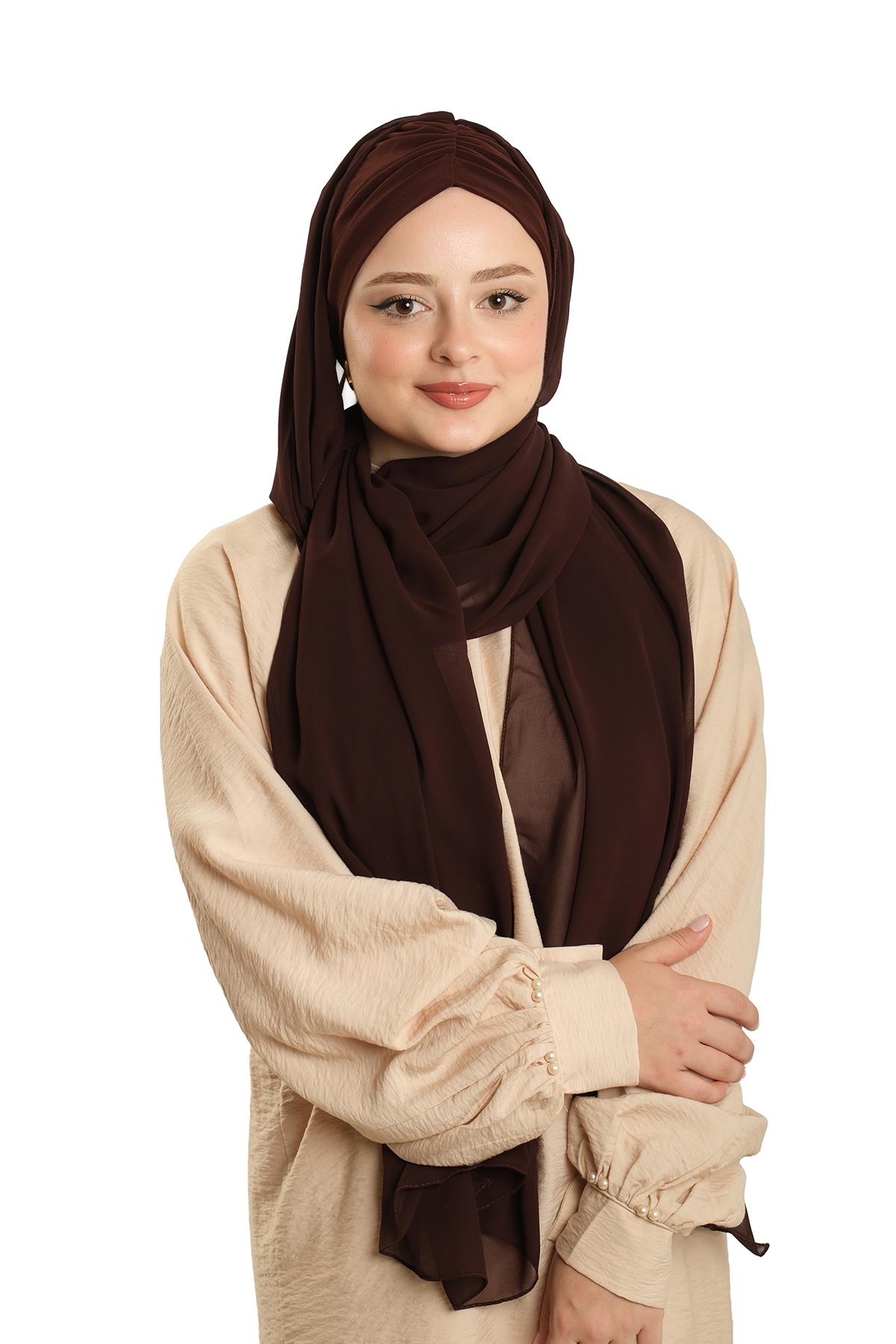 Kahve Pratik Hazır Geçmeli Bone Şal Şifon Drapeli 2507_14
