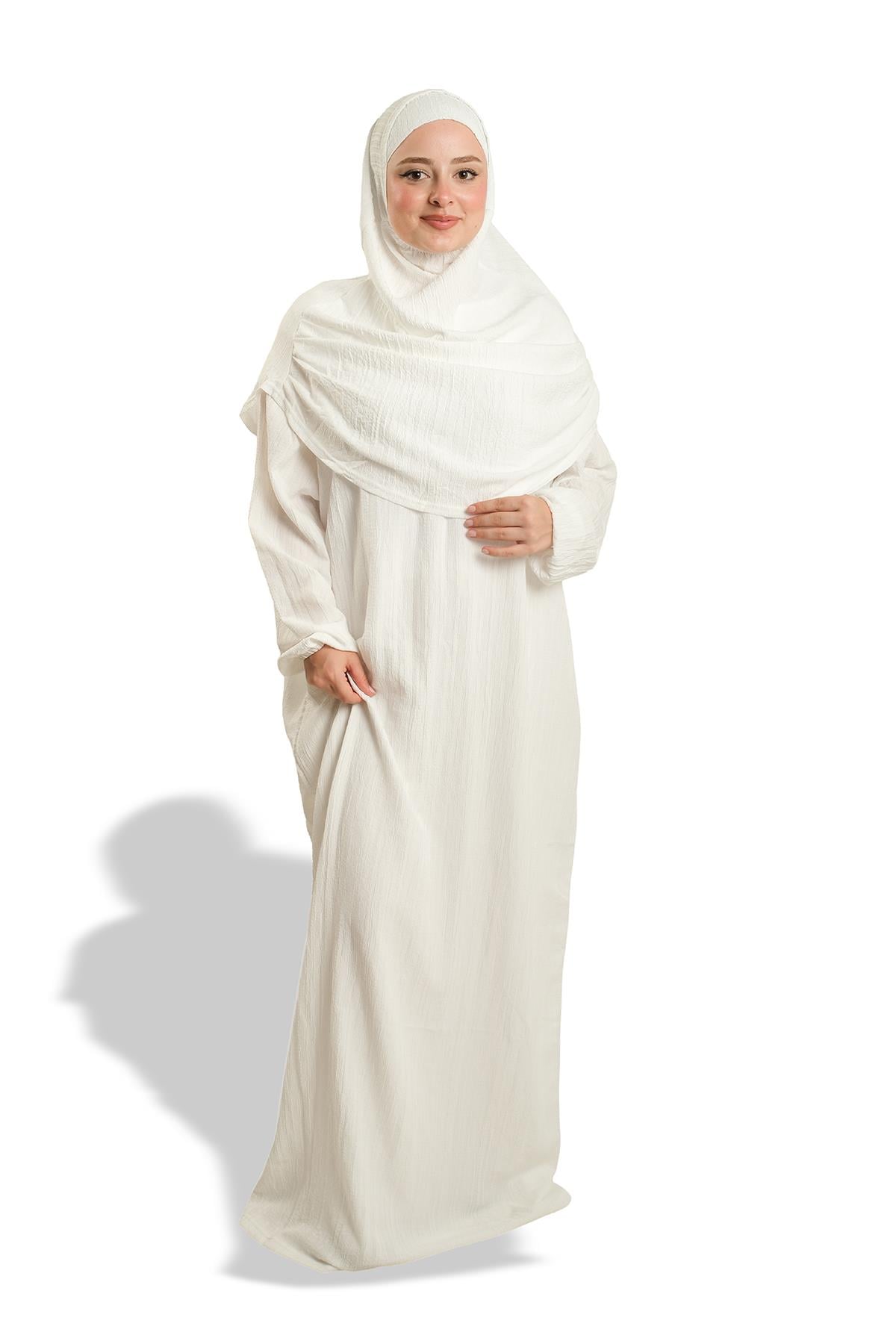 Krem İki Parça Namaz Elbisesi Dokuma Kendinden Desenli 2502_40