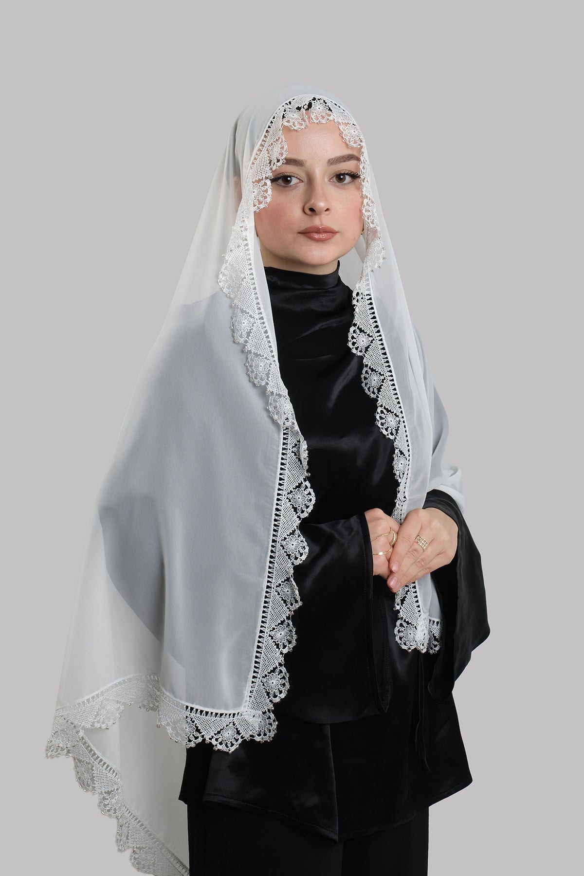 Krem Nikah Namaz Başörtüsü Şal Şifon Boncuklu Güpürlü 202131_40