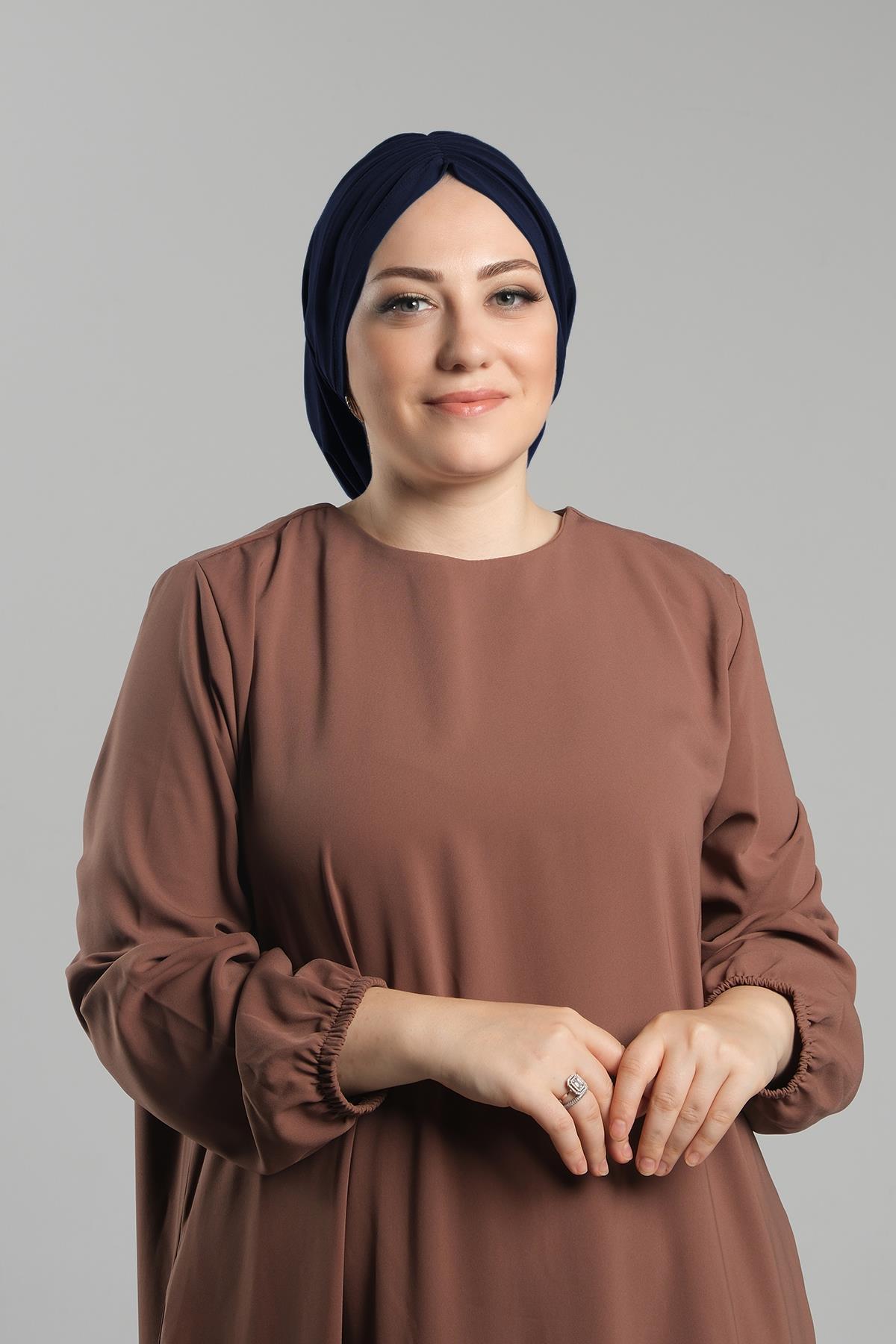 Lacivert Pratik Hazır Geçmeli Tesettür Bone Sandy Büzgülü Salaş 2119_02
