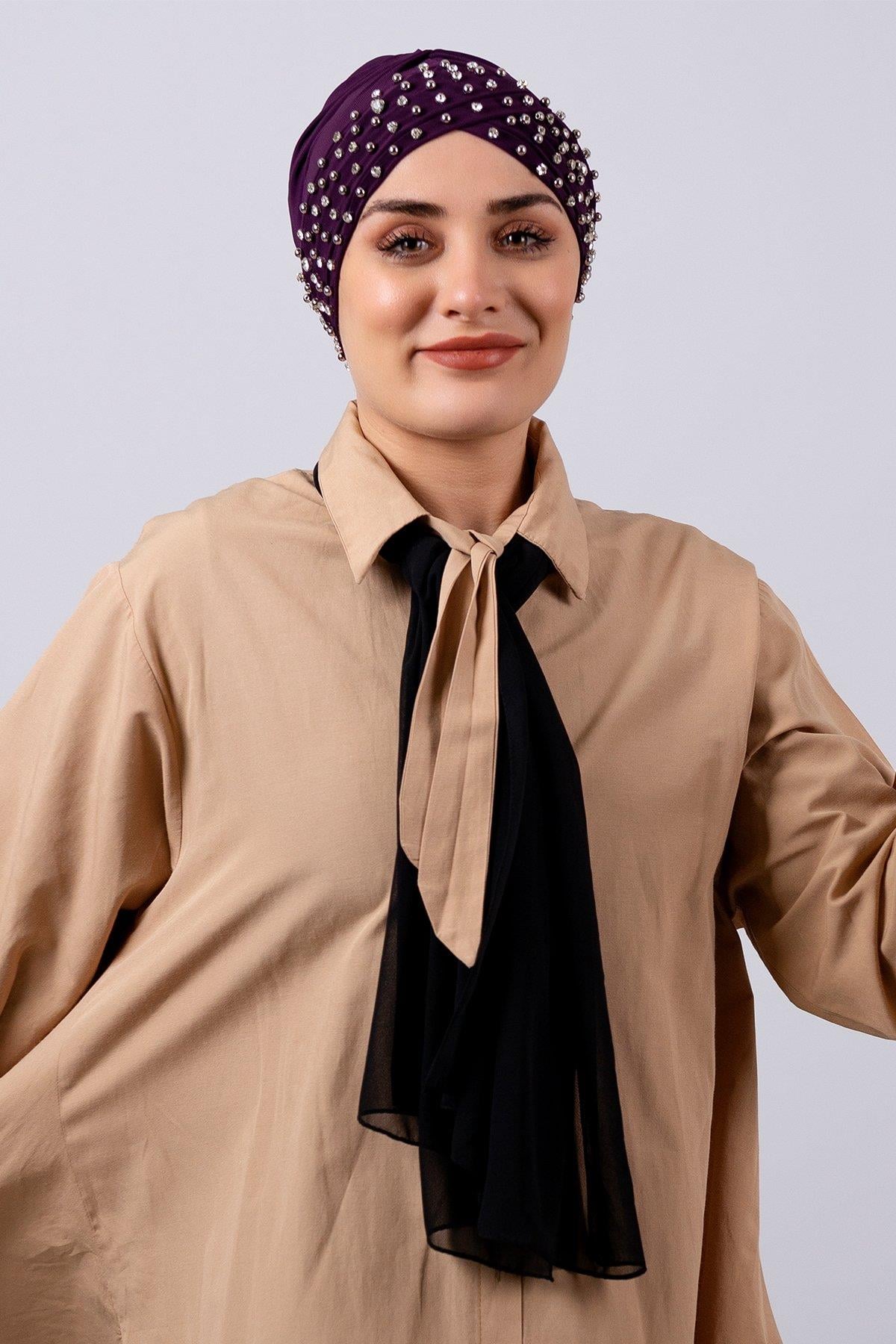 Mürdüm Pratik Hazır Geçmeli Tesettür Bone Sandy Kumaş Taşlı 1456_07