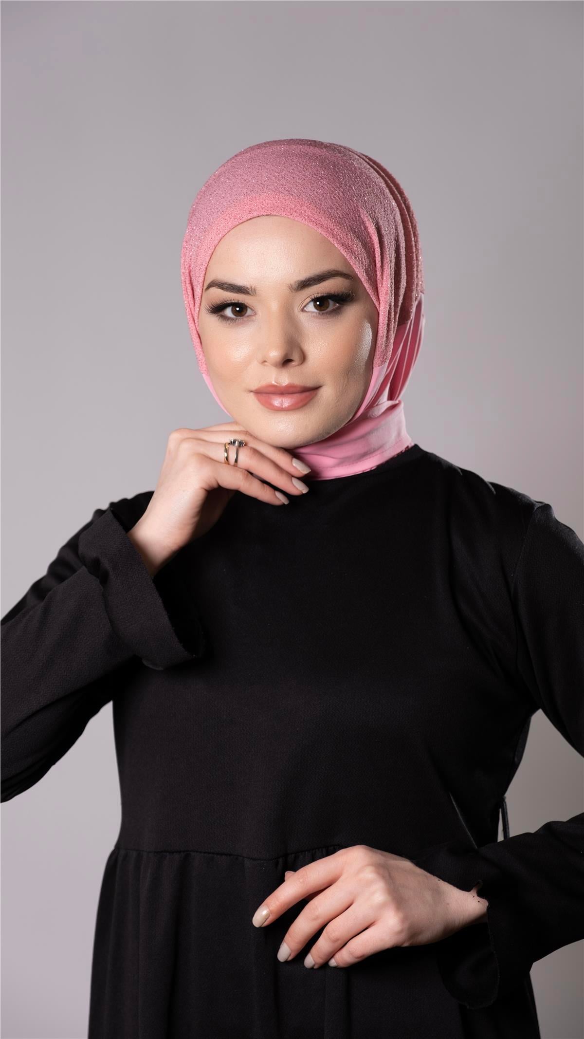 Pembe Pratik Hazır Geçmeli Tesettür Eşarp Sandy Kumaş Arkadan Çıtçıtlı 2206_04