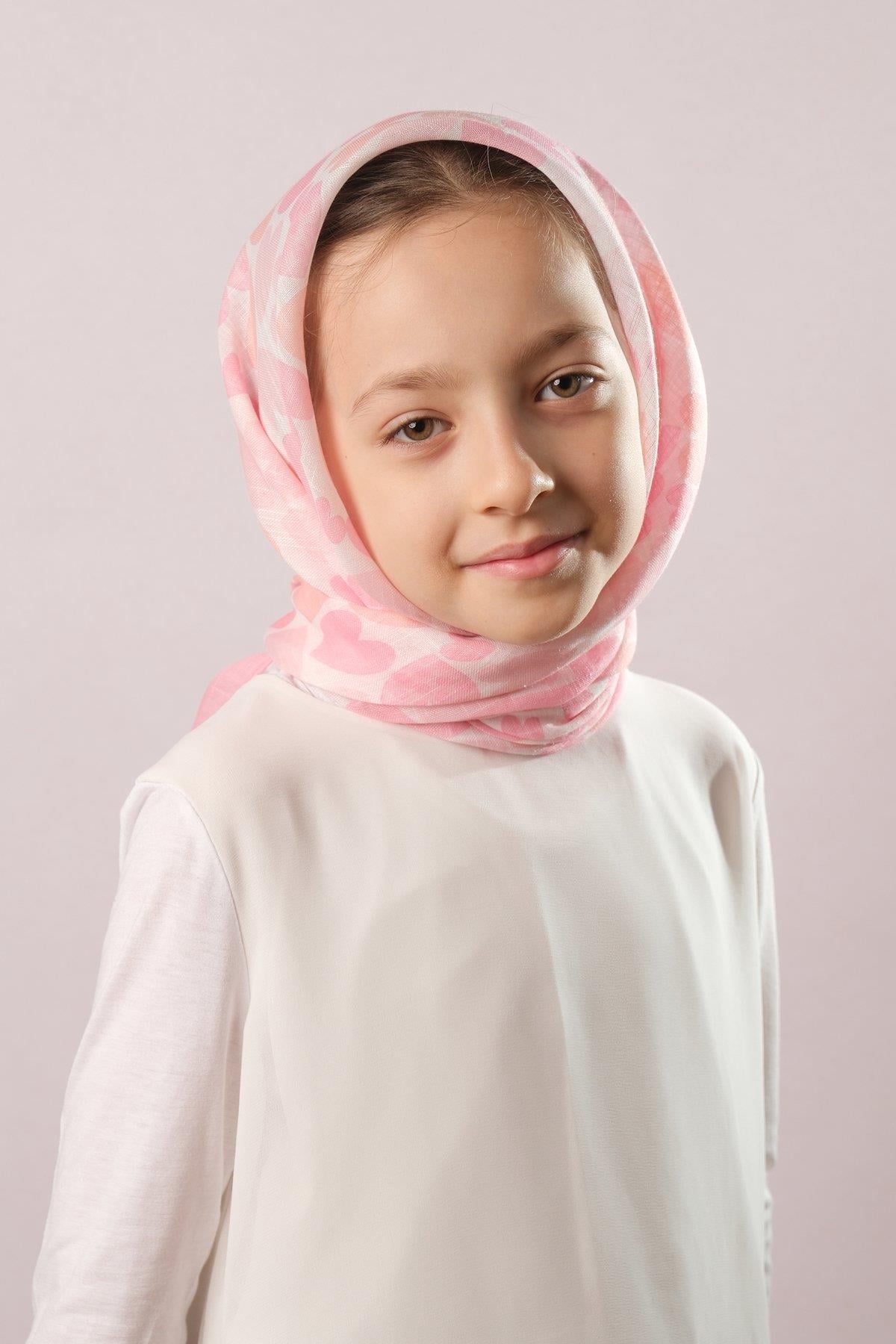 Pudra Dijital Baskılı Çocuk Tesettür Eşarp Pamuk Polyester Kalp Desenli 6003_06