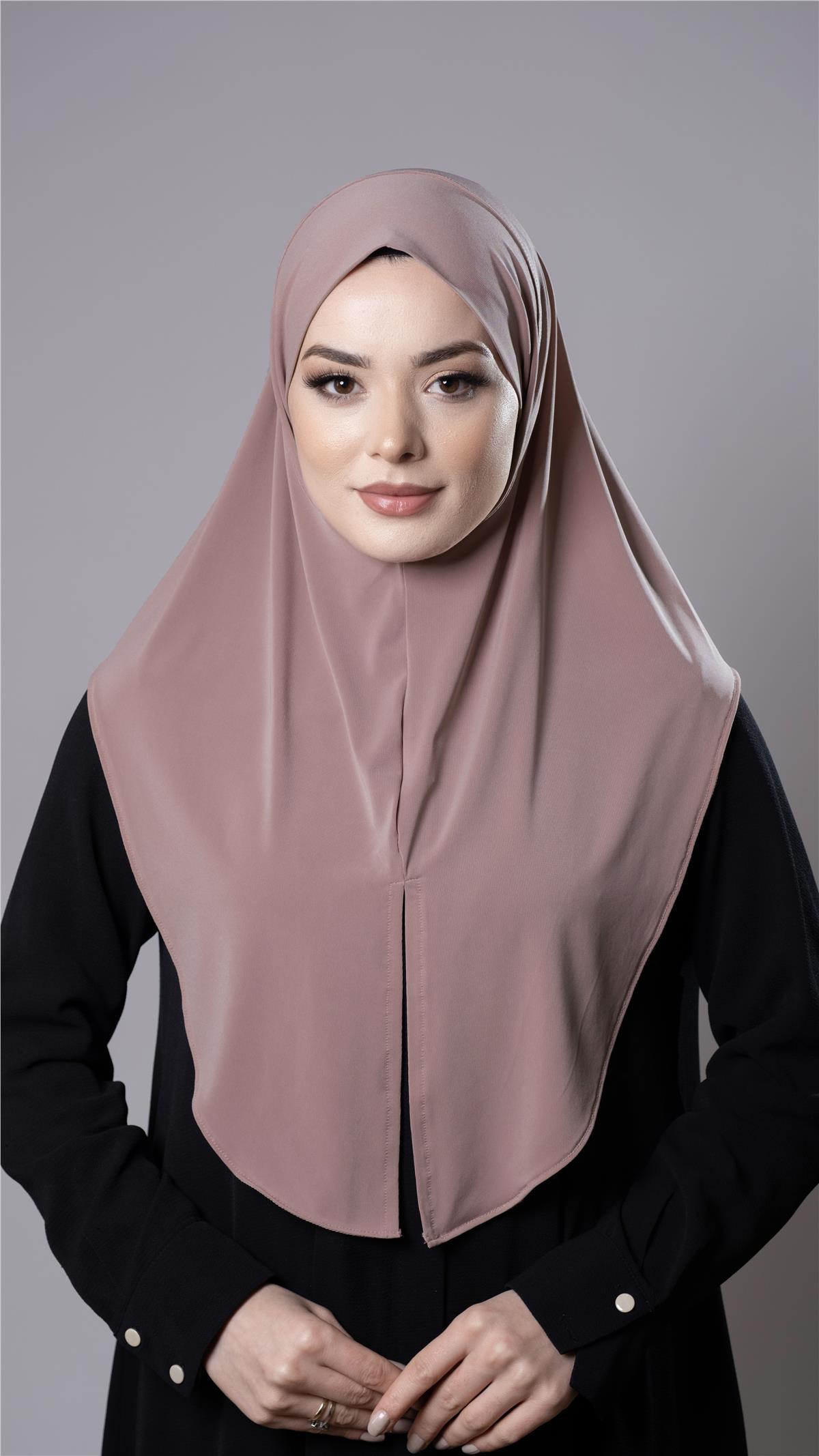 Pudra Pratik Hazır Geçmeli Tesettür Eşarp Sandy Kumaş Yırtmaçlı Düz Hijab 2310_06