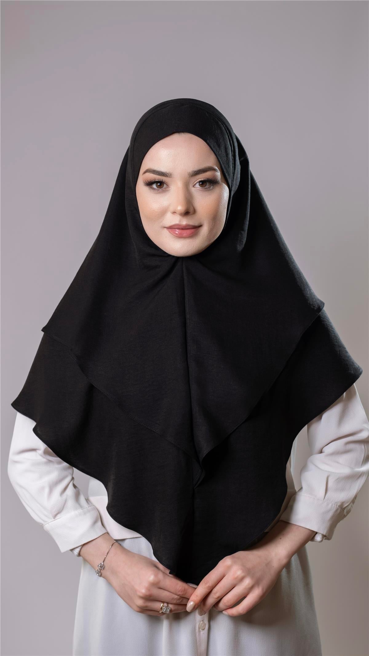 Siyah Pratik Hazır Geçmeli Tesettür Eşarp Pamuk Caz Kumaş Çift Katlı Düz Hijab 2303_01