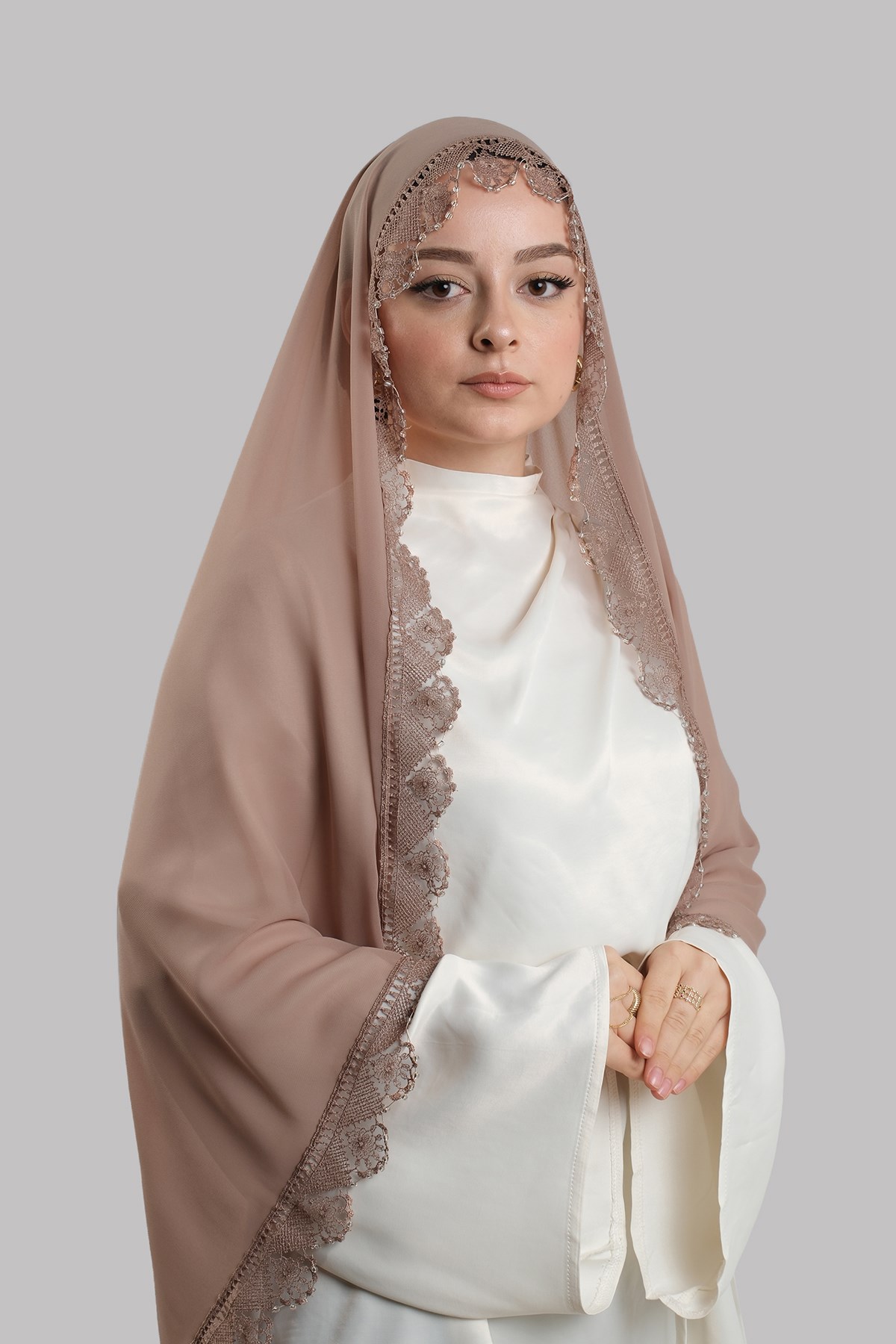 Vizon Nikah Namaz Başörtüsü Şal Şifon Boncuklu Güpürlü 202131_10