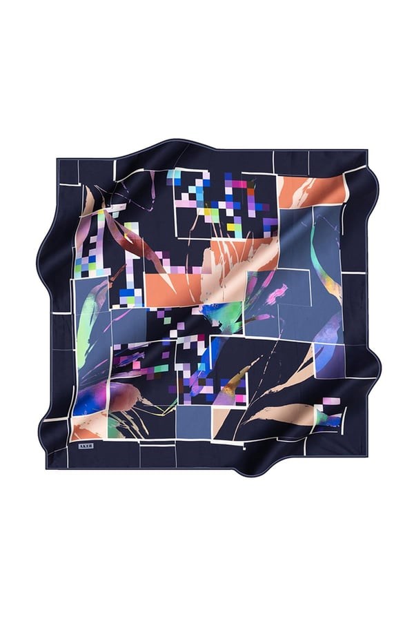 Aker Sura İpek Eşarp Lacivert Geometrik Desen