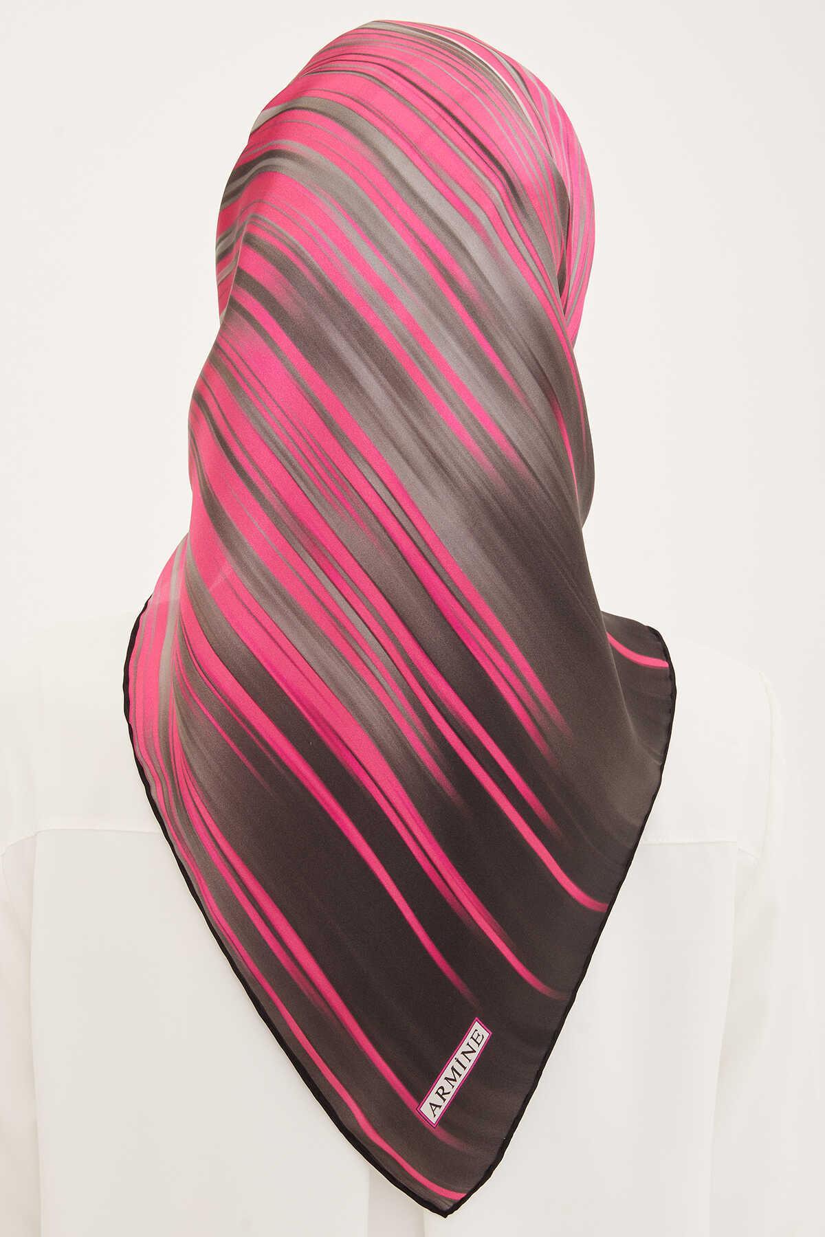 Füme Fuşya Batik Desenli Twill İpek Eşarp Elegance