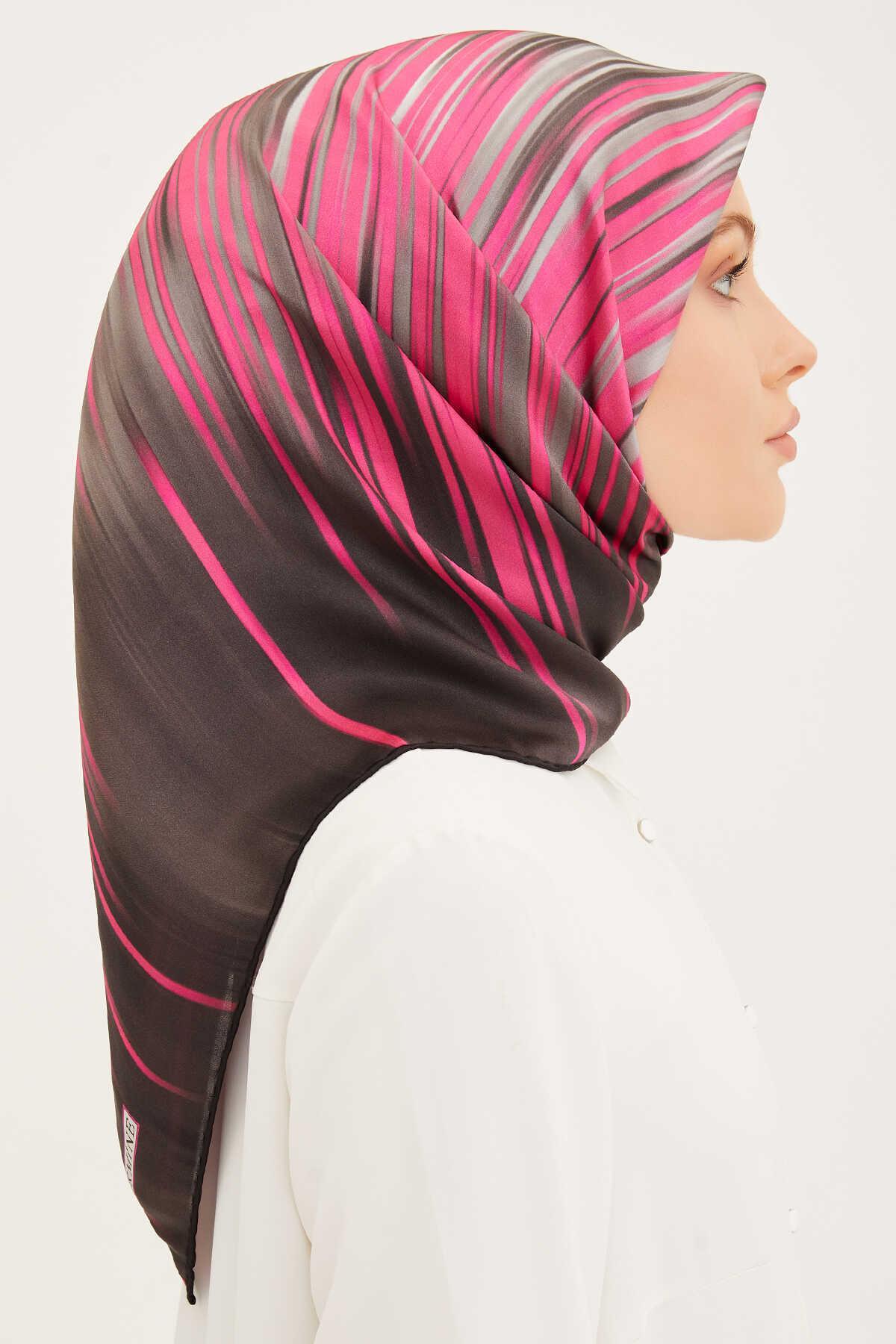 Füme Fuşya Batik Desenli Twill İpek Eşarp Elegance