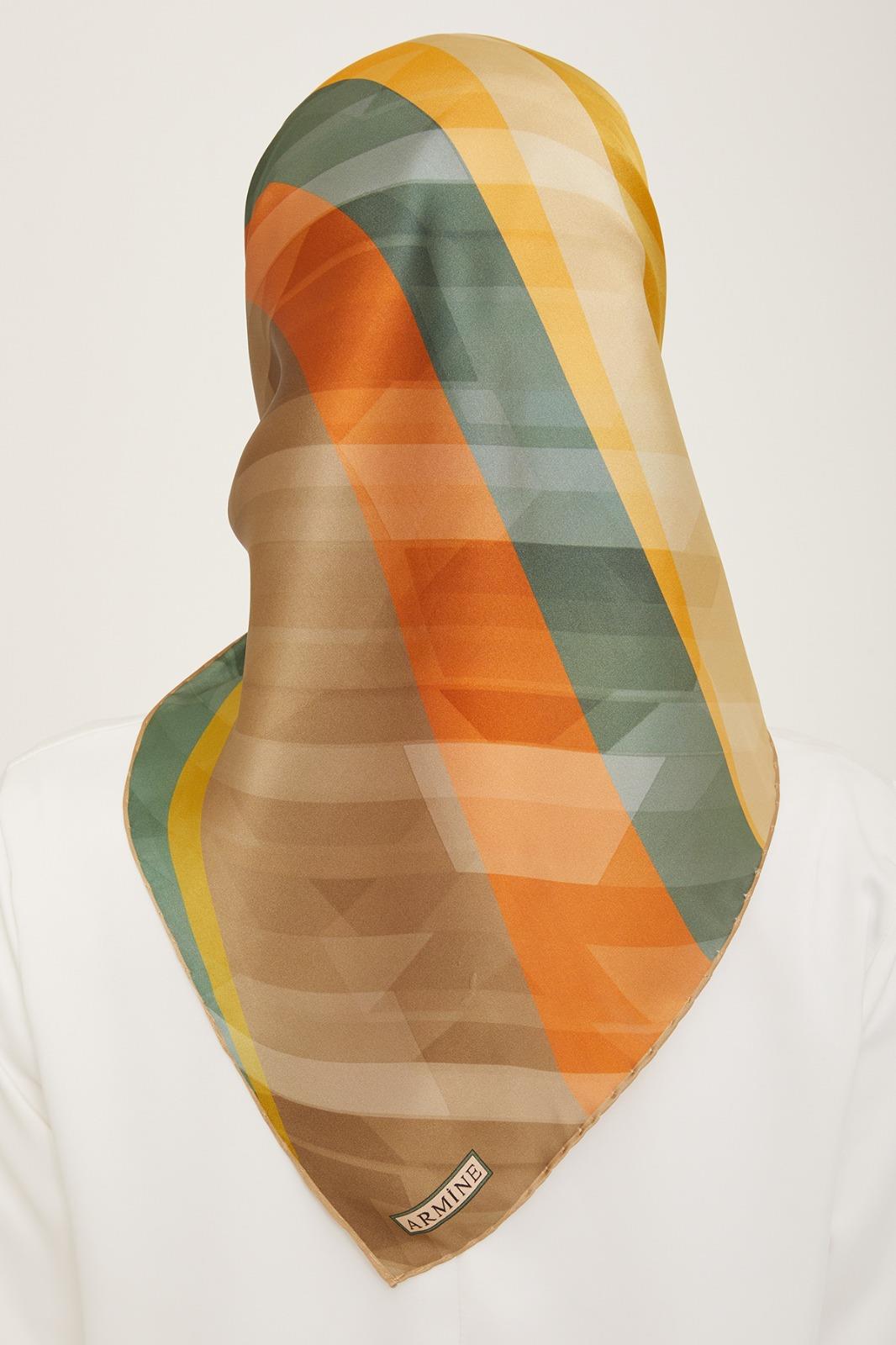 Armine Haki Taba Geometrik Desen Lüks Tivil İpek Eşarp