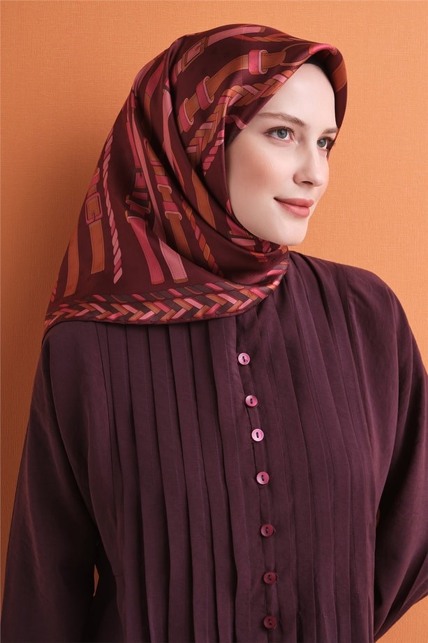 Armine Jakarlı Saf İpek Eşarp 9607 07 Bordo Kemer Desen 