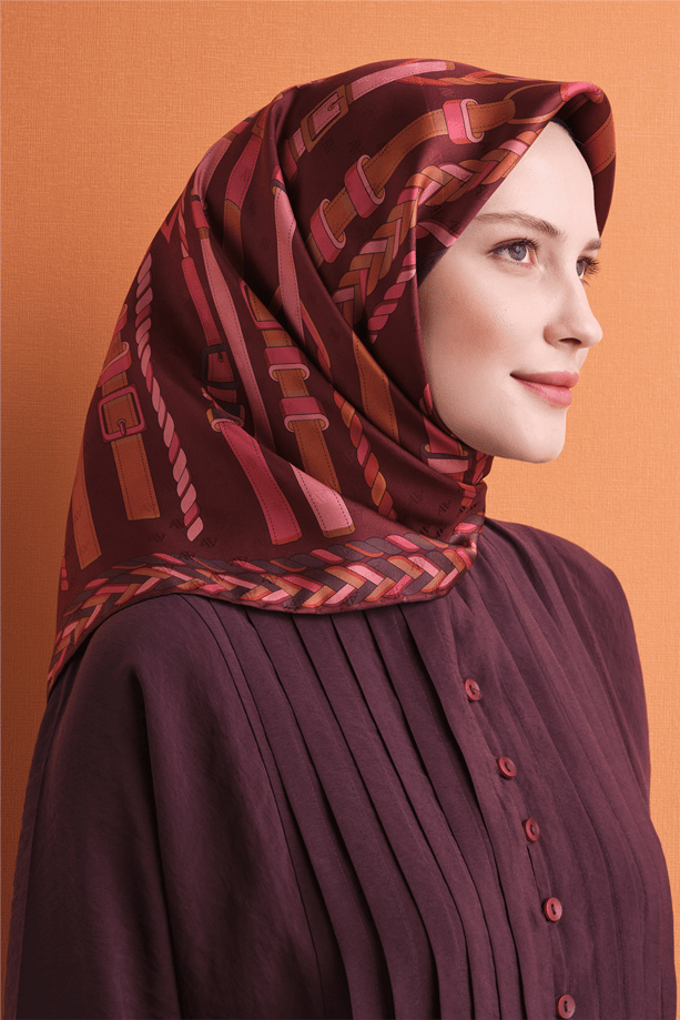 Armine Jakarlı Saf İpek Eşarp 9607 07 Bordo Kemer Desen 