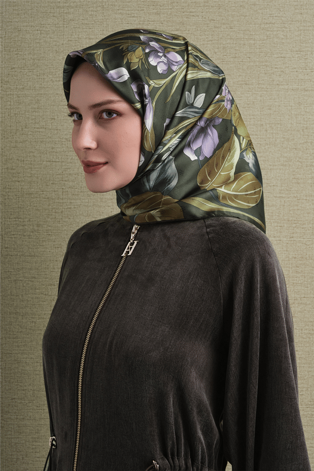 Armine Jakarlı Saf İpek Eşarp 9608 11 Haki Çiçek Desen 