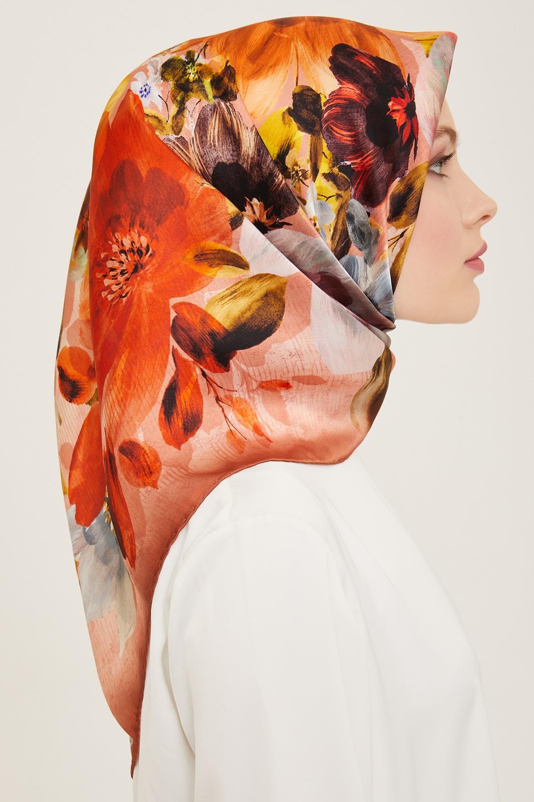 Desire Kahverengi Turuncu Çiçekli İpek Lüks Tivil Eşarp