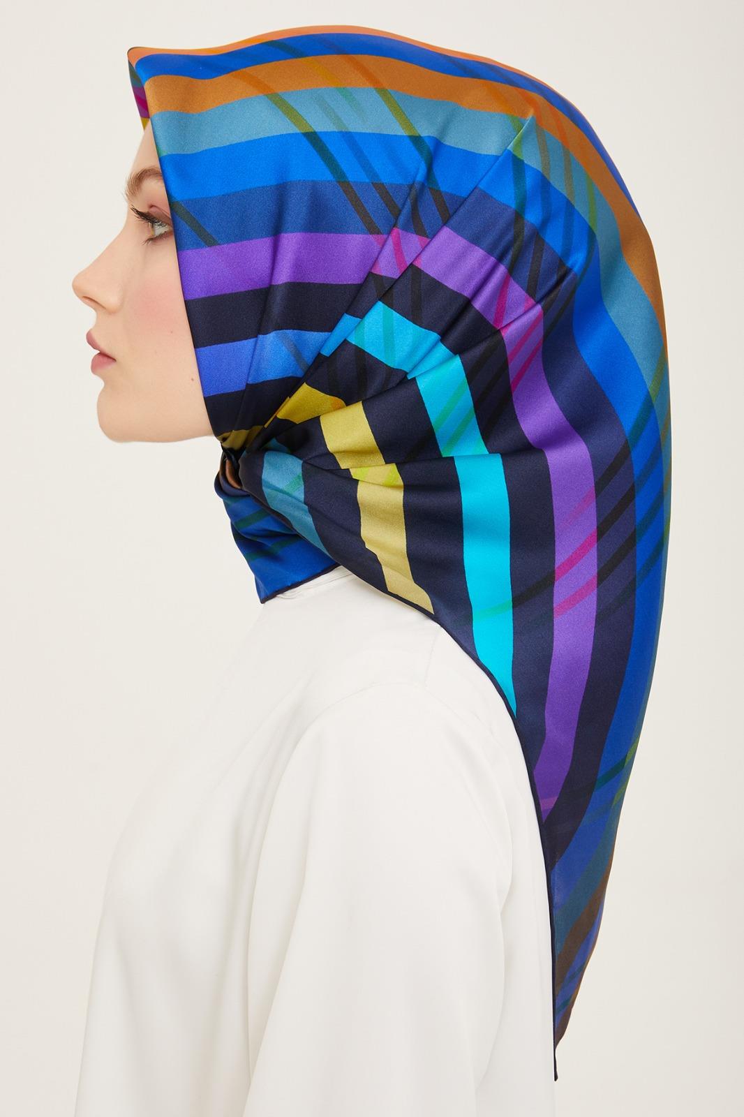 Lacivert Mor Çizgili Lüks Sura İpek Eşarp