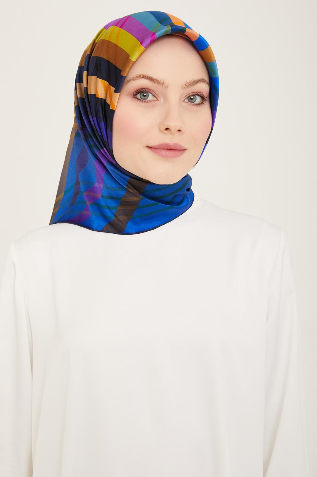 Lacivert Mor Çizgili Lüks Sura İpek Eşarp