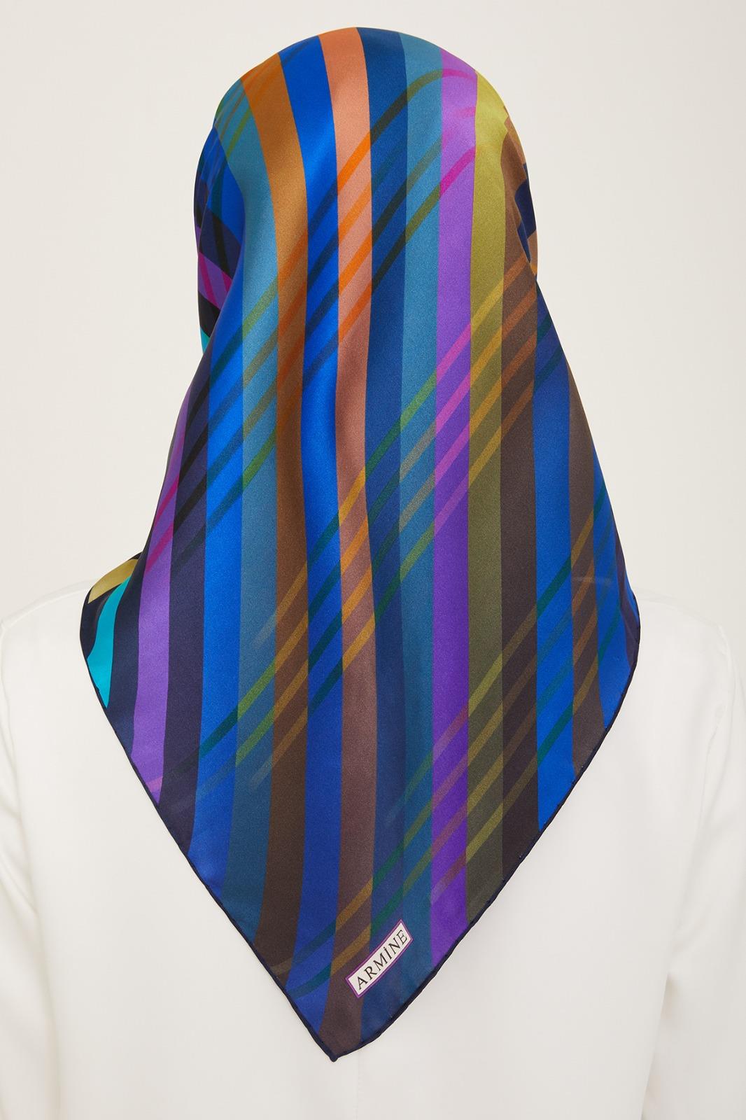 Lacivert Mor Çizgili Lüks Sura İpek Eşarp