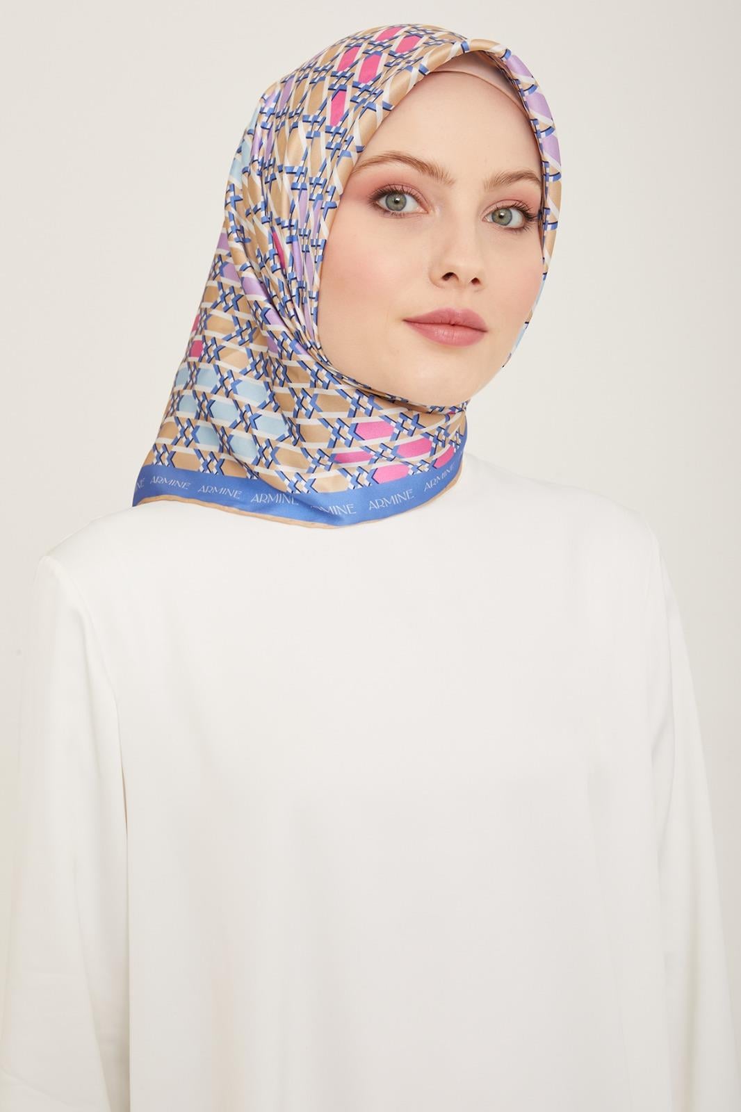 Armine Mavi-Lila Geometrik Desen Tivil İpek Eşarp 9144-56