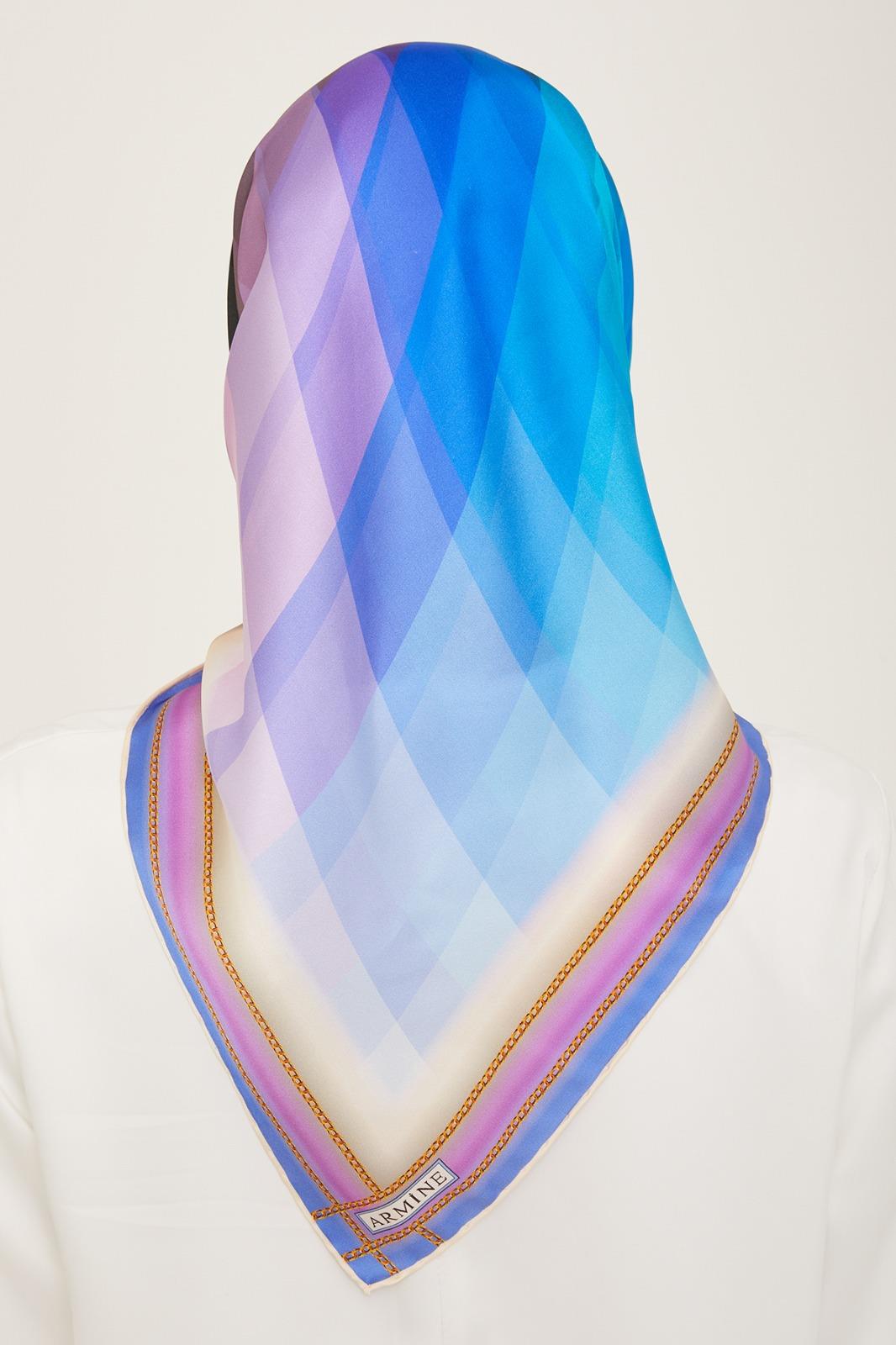 Lüks Hologram Desen Sura İpek Eşarp Mor Mavi Armine Elegance