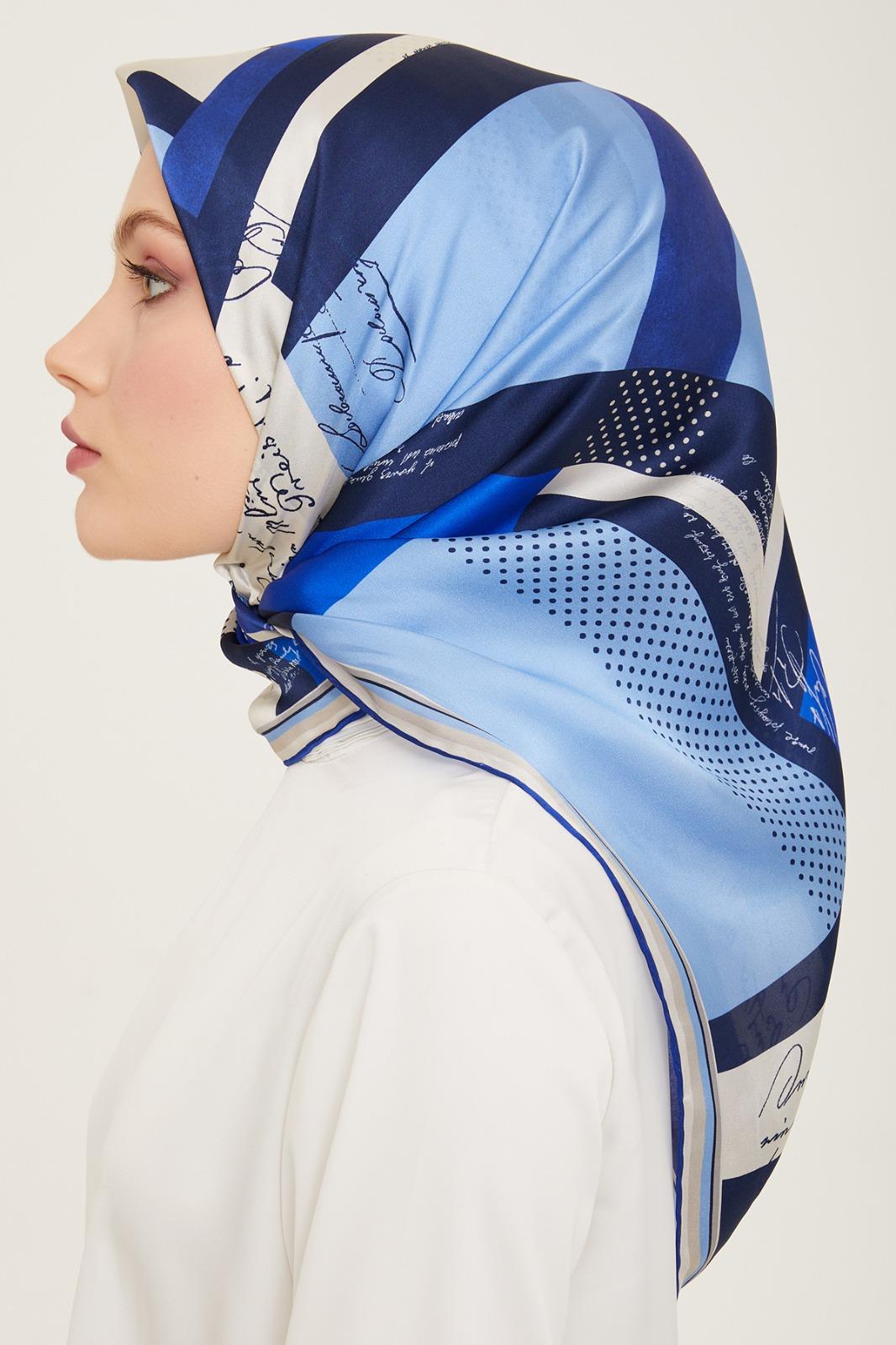 Mavi Desenli Lüks Tivil İpek Eşarp