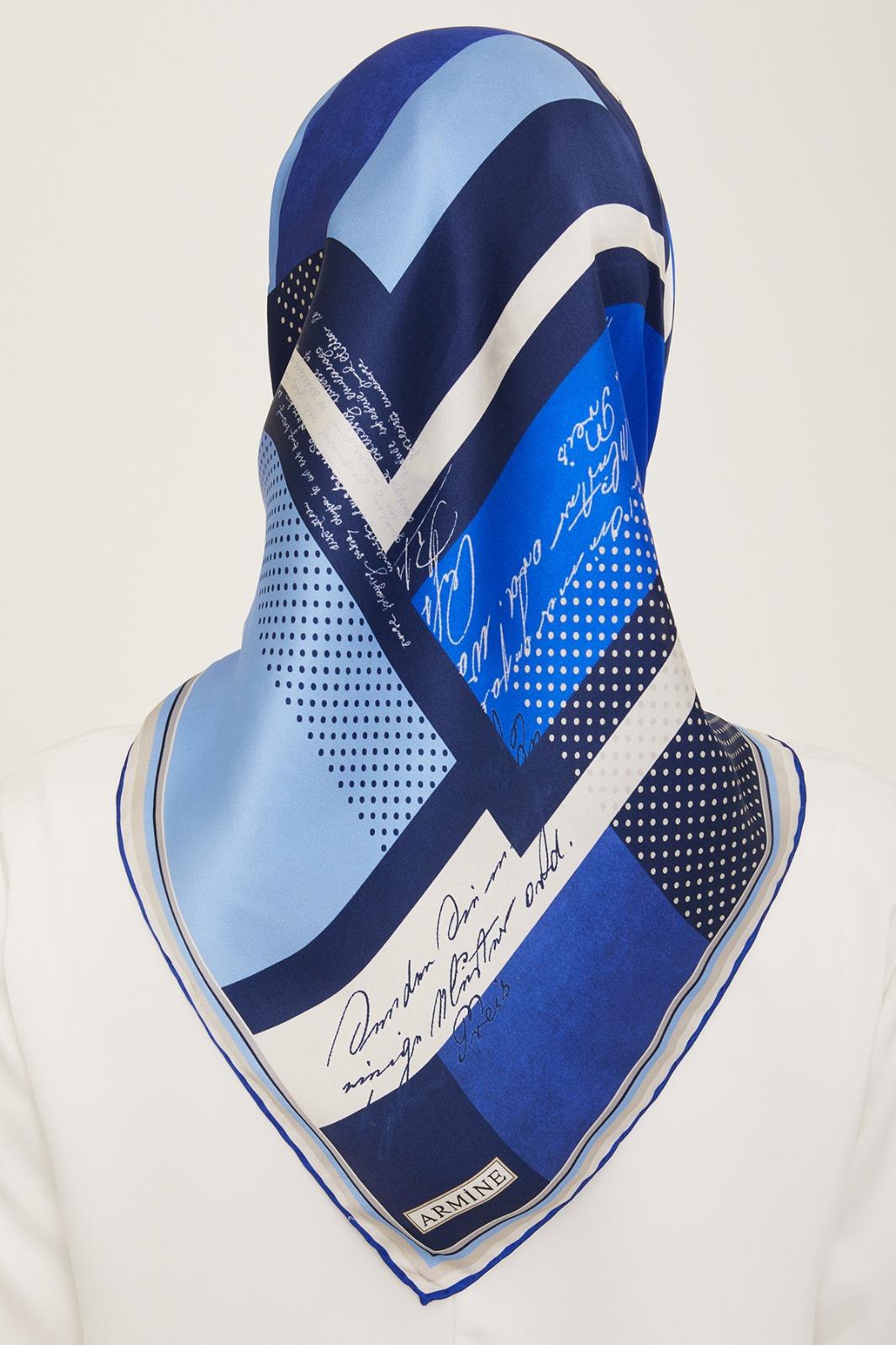 Mavi Desenli Lüks Tivil İpek Eşarp