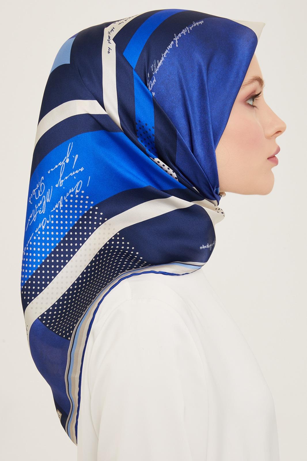 Mavi Desenli Lüks Tivil İpek Eşarp