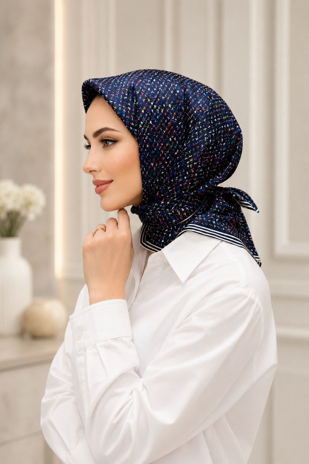 Armine Nostalji Sura Saf İpek 9013 10 Lacivert Beyaz Soyut Desen 
