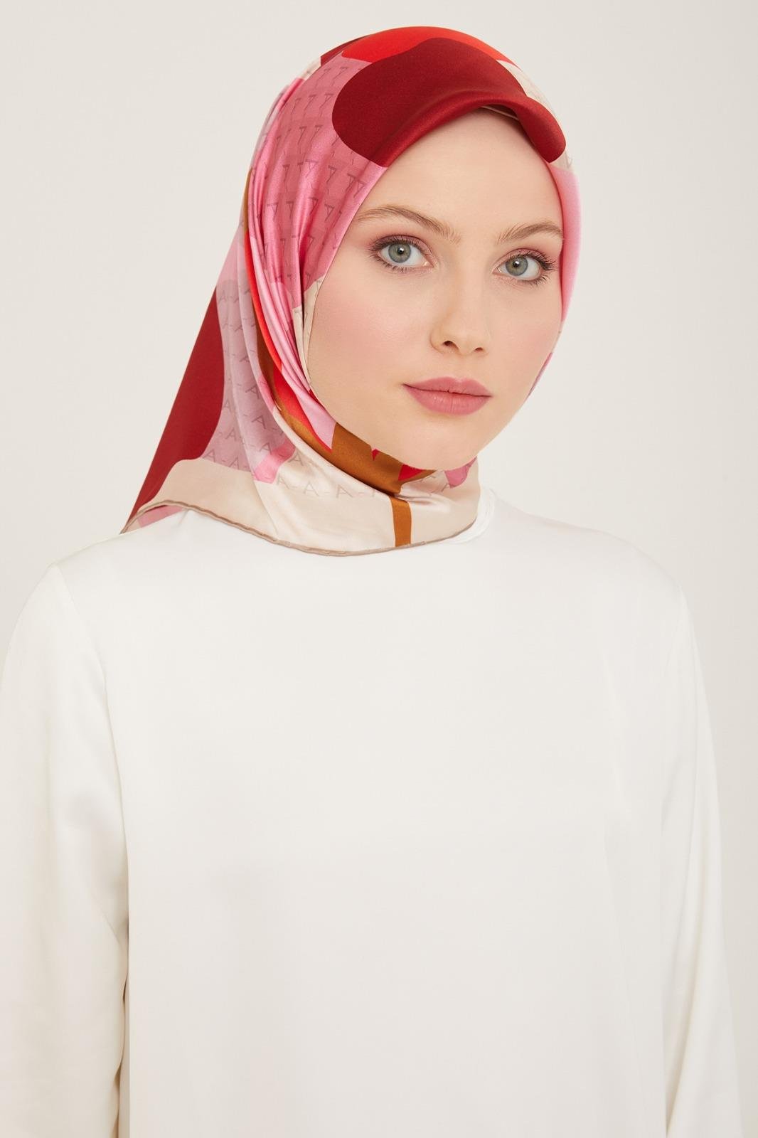 Armine Pembe-Şeker Lale Desenli Saf İpek Tivil Eşarp