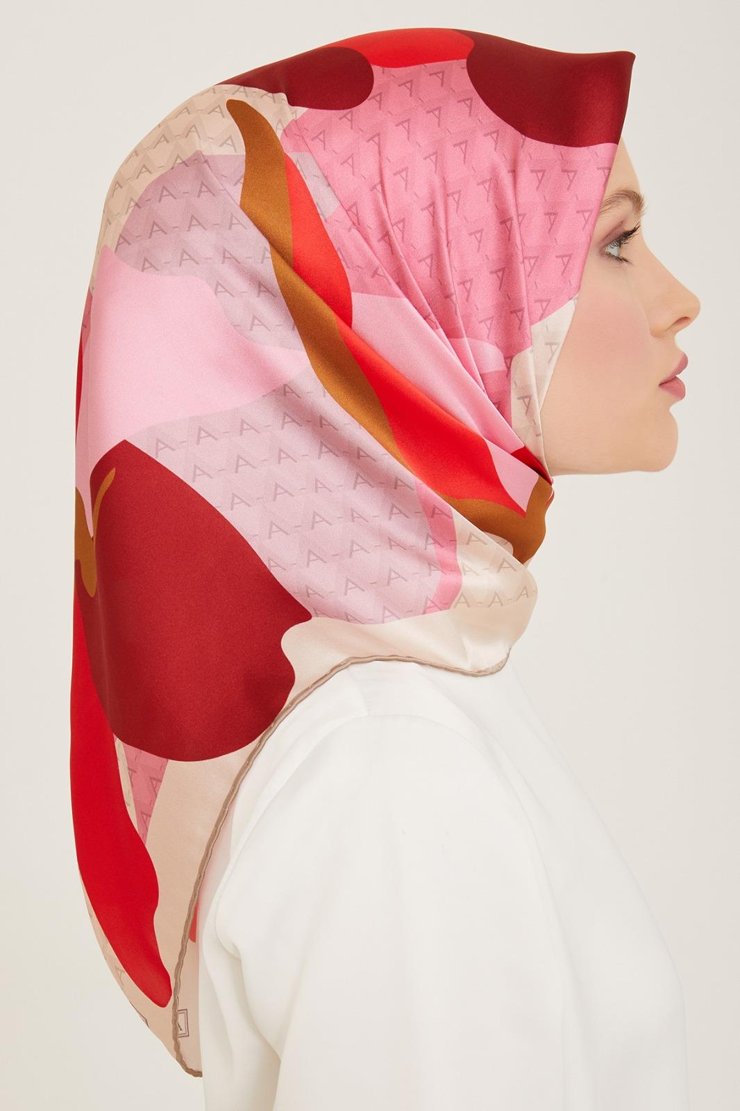 Armine Pembe-Şeker Lale Desenli Saf İpek Tivil Eşarp