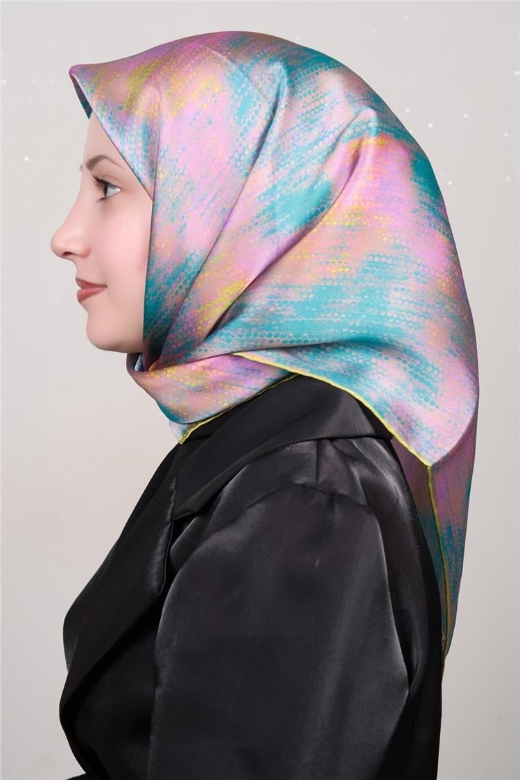 Armine Saf Tivil İpek Eşarp 9221 - 84 Mavi - Pembe Geometrik Desen 