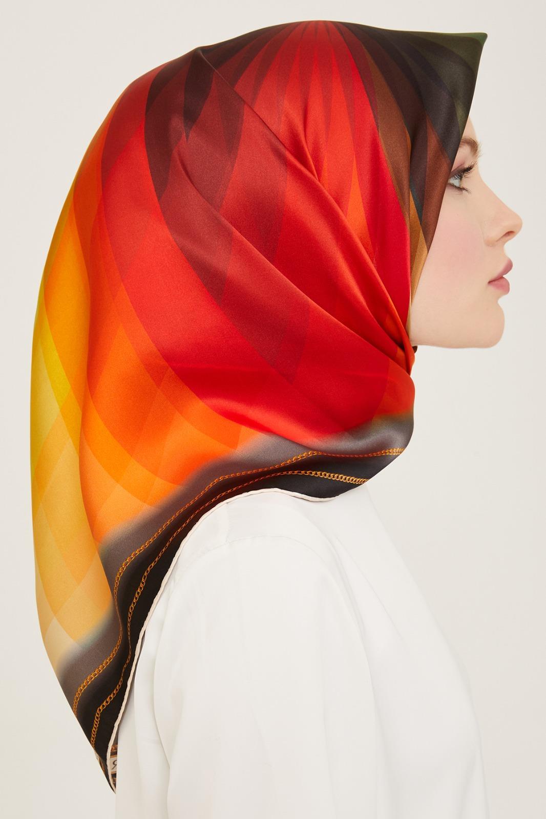 Armine Lüks Holografik Tivil İpek Geometrik Desenli Eşarp Siyah Kırmızı