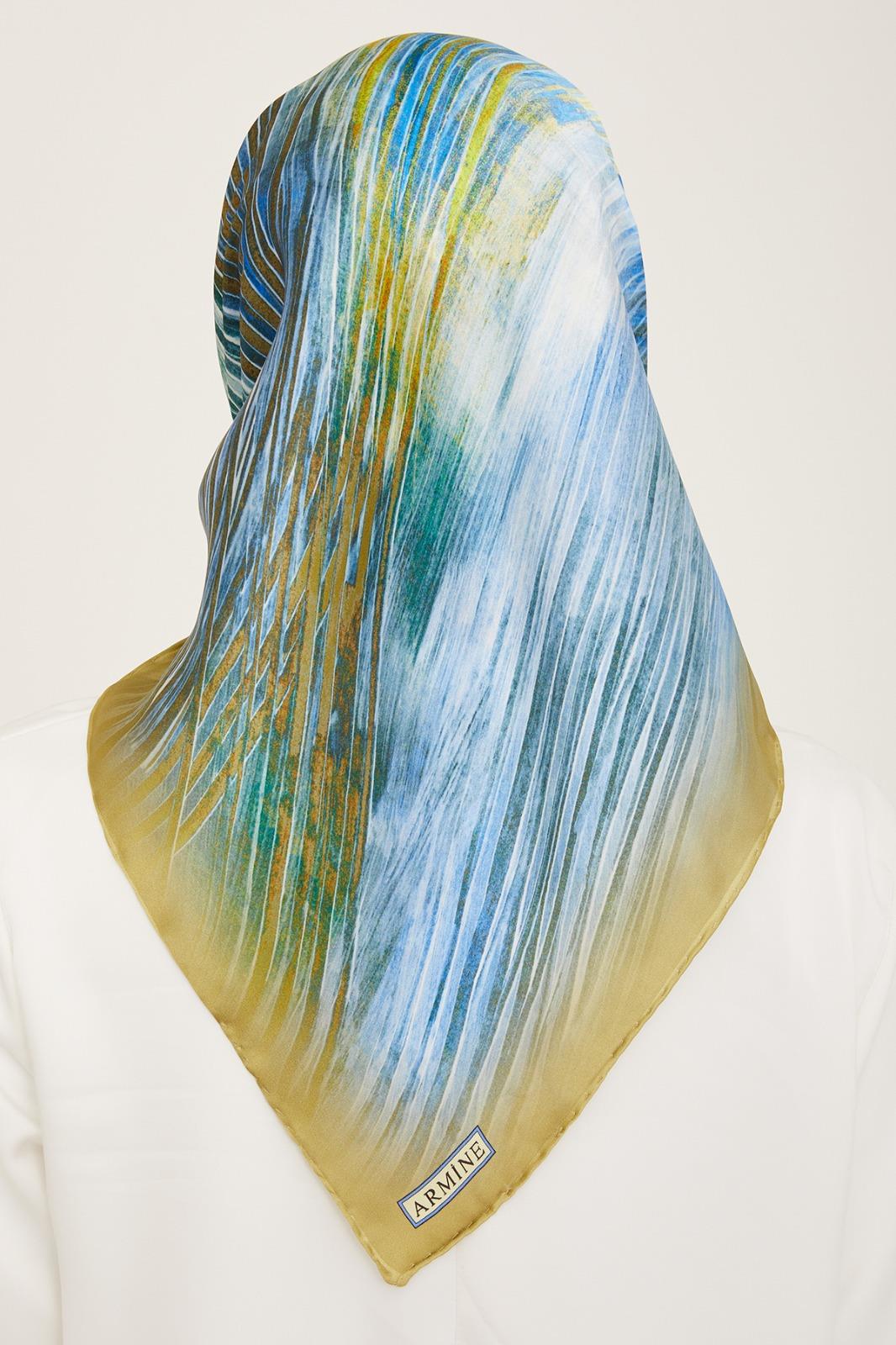 Pastel Yeşil Mavi Çizgili Lüks Sura İpek Eşarp