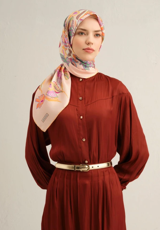 Armine Sura İpek Eşarp 9332-56 Pudra Karışık Desen 