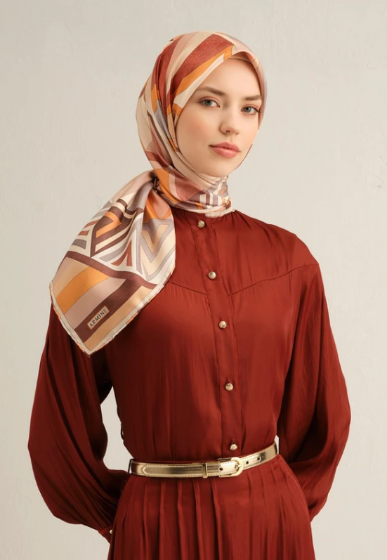 Armine Sura İpek Eşarp 9336-05 Turuncu Karışık Desen 