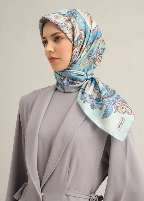 Armine Sura İpek Eşarp 9338-35 Mavi Karışık Desen 