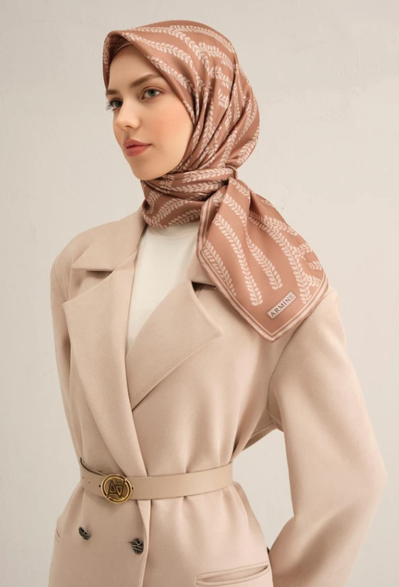 Armine Sura İpek Eşarp 9351-87 Kahverengi Karışık Desen 