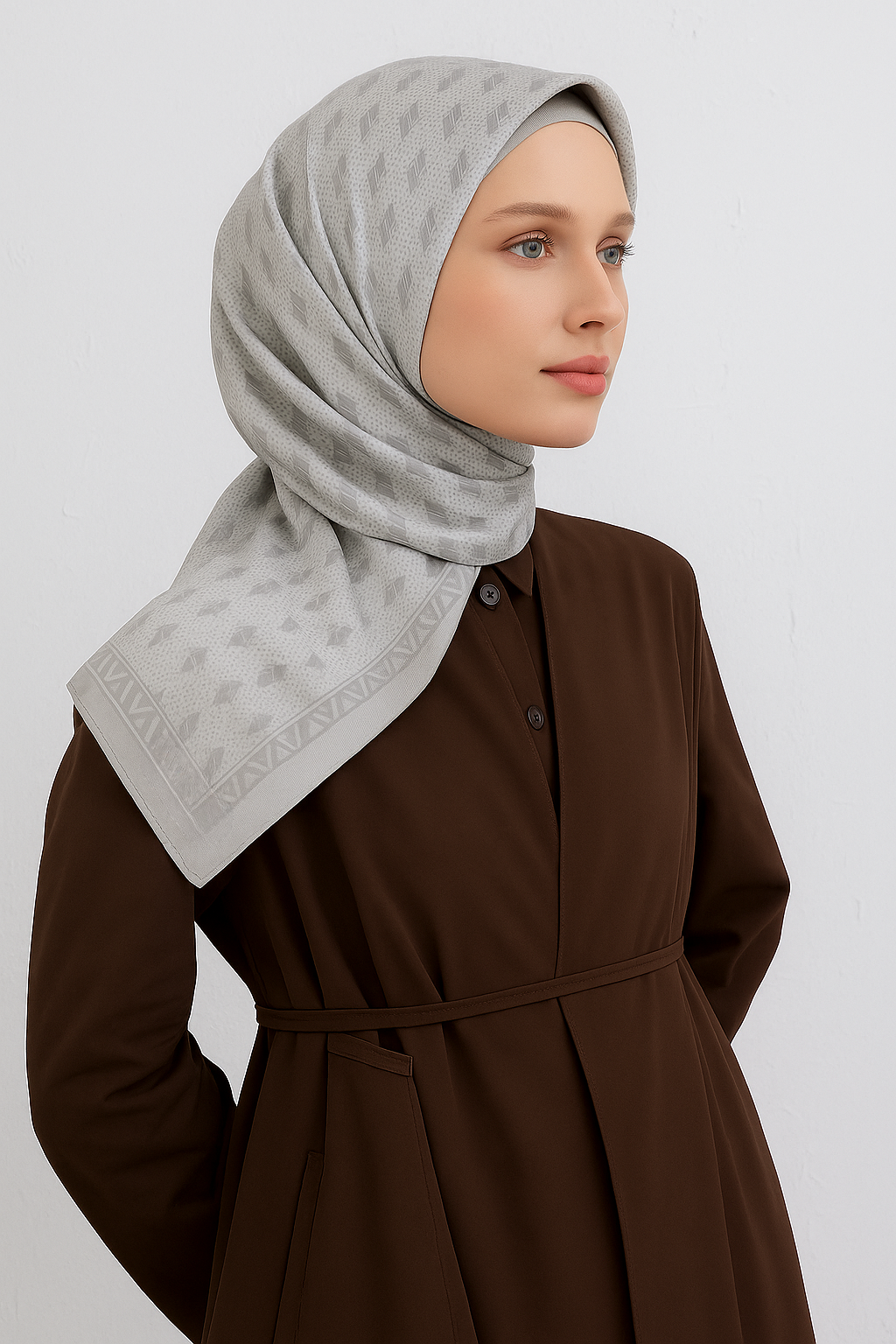 Armine Sura Saf İpek Eşarp 9412 - 87 Gri Karışık Desen