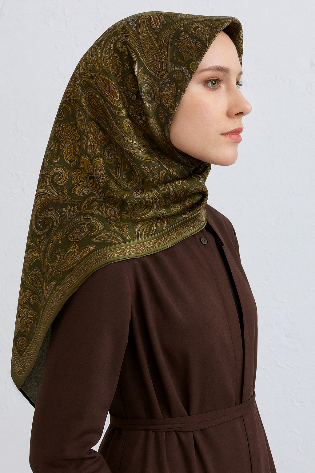 Armine Sura Saf İpek Eşarp 9421-52 Yeşil Karışık Desen 