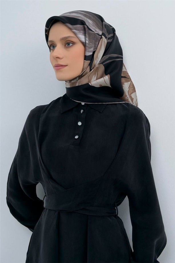 Armine Sura Saf İpek Eşarp 9506 - 06 Siyah Koyu Vizon  Pastel Desen