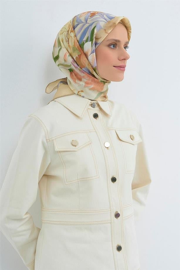 Armine Sura Saf İpek Eşarp 9516 - 03 Sarı Çiçek Desen