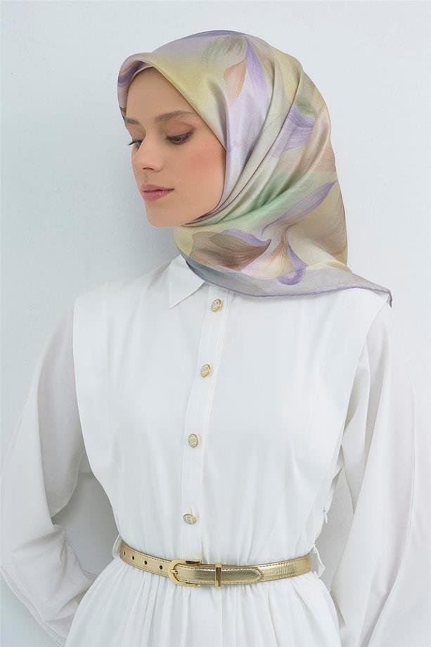 Armine Sura Saf İpek Eşarp 9519 - 84 Lila Yeşil Çiçek Desen