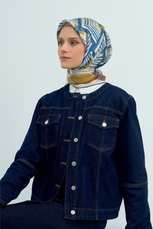 Armine Sura Saf İpek Eşarp 9534 - 01 Mavi Mor Yağ Yeşili Soyut  Desen