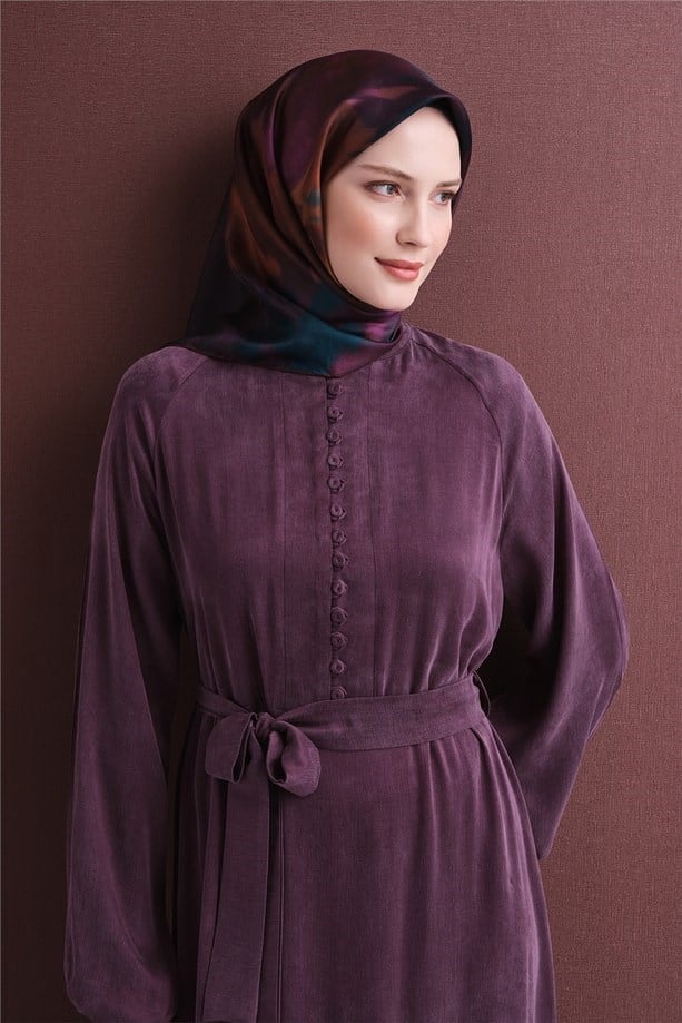 Armine Sura Saf İpek Eşarp 9606 02 Mürdüm Turkuaz Soyut Desen 